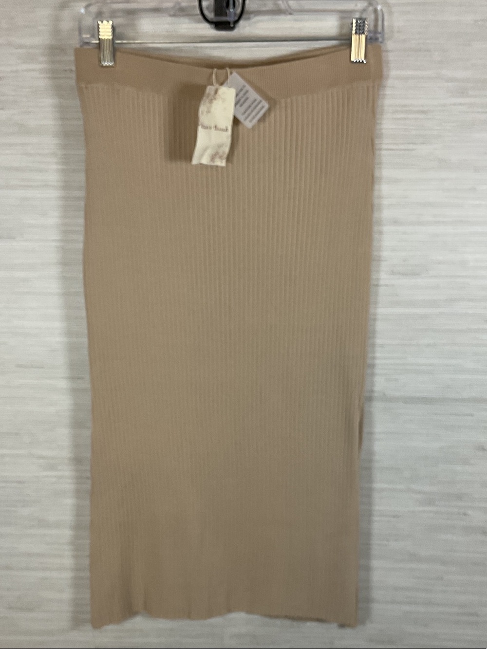 Hem & Thread Ribbed Knit Midi Skirt Tan Side Slit Stretchy Large NWT